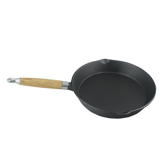 Jaycar 27cm Cast Iron Frypan – Wooden Handle, Dual Spouts, Lifetime Guarantee