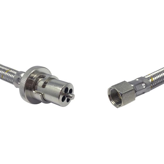 Stainless Steel Braided Gas Hose – 3/8" BSP Female to SAE Bayonet, 2000mm | Jaycar
