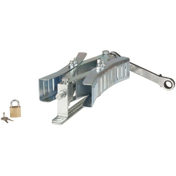 EXPANDING DUAL AXLE METAL STABILITY CHOCK WITH LOCK AND WRENCH
