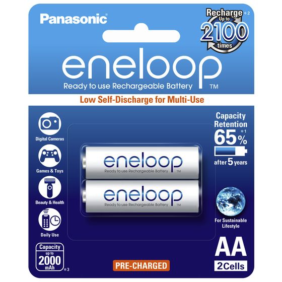 Panasonic Eneloop AA Rechargeable Batteries – 1.2V 2000mAh, Pre-Charged, 2 Pack