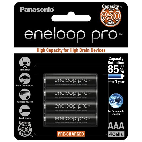 Panasonic Eneloop Pro NiMH AAA Batteries – 900mAh, 4 Pack (Rechargeable, Pre-Charged)