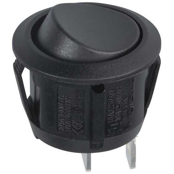 Jaycar SPST Round Rocker Switch – Black Actuator, 10A @ 125VAC / 6A @ 250VAC, 20mm Snap-Fit