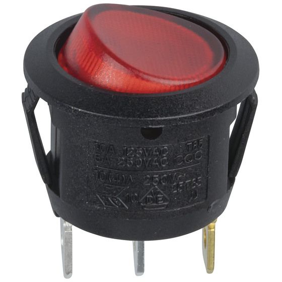 Jaycar SPST Round Rocker Switch – Red Illuminated Actuator, 6A @ 250VAC, 20mm Snap-Fit