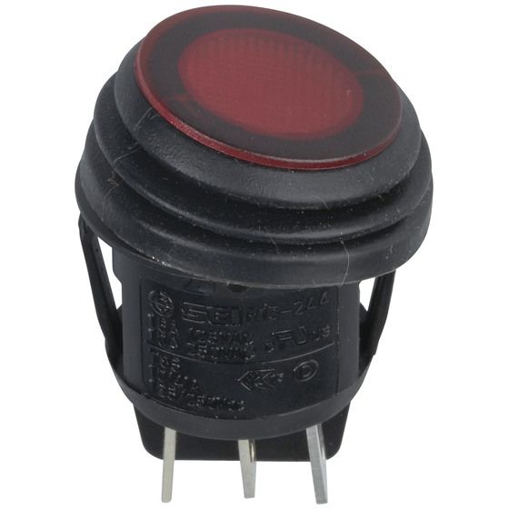 Jaycar Round IP65 DPDT Rocker Switch – Red Illuminated, 10 A 250 VAC, Rubber Boot Seal