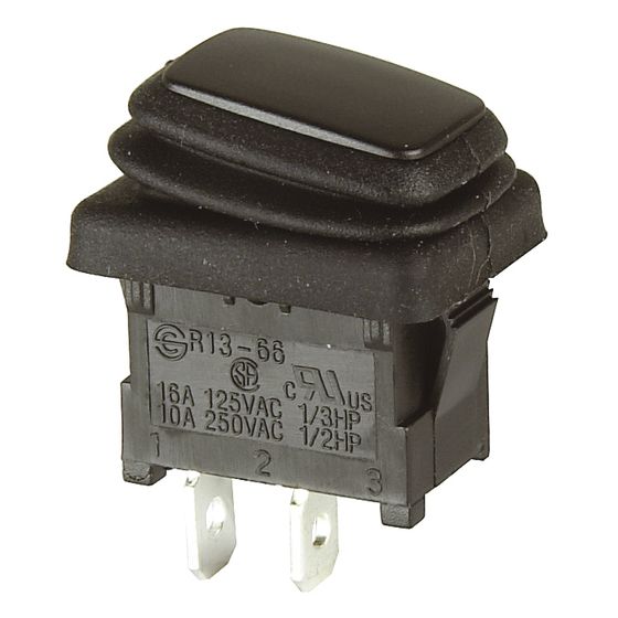 Jaycar IP65 SPST Mini Rocker Switch – Black, Rubber Boot Seal, Spade QC Lugs