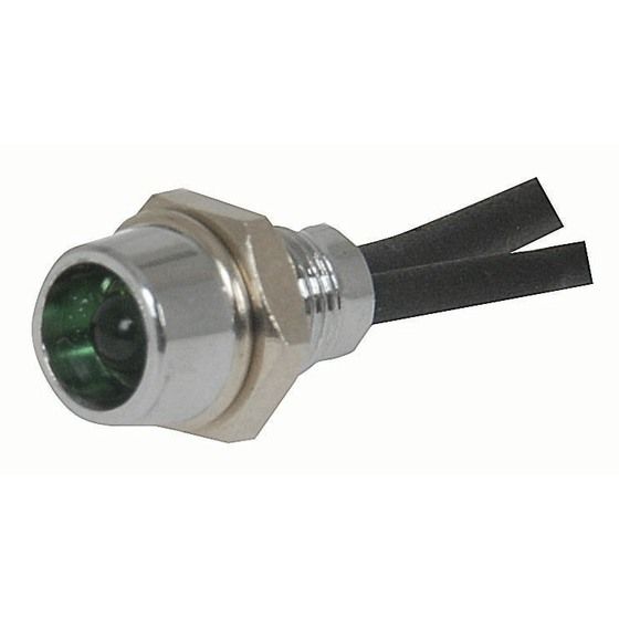 Jaycar 12V Mini Chrome Bezel LED – Green 3mm with Dropping Resistor