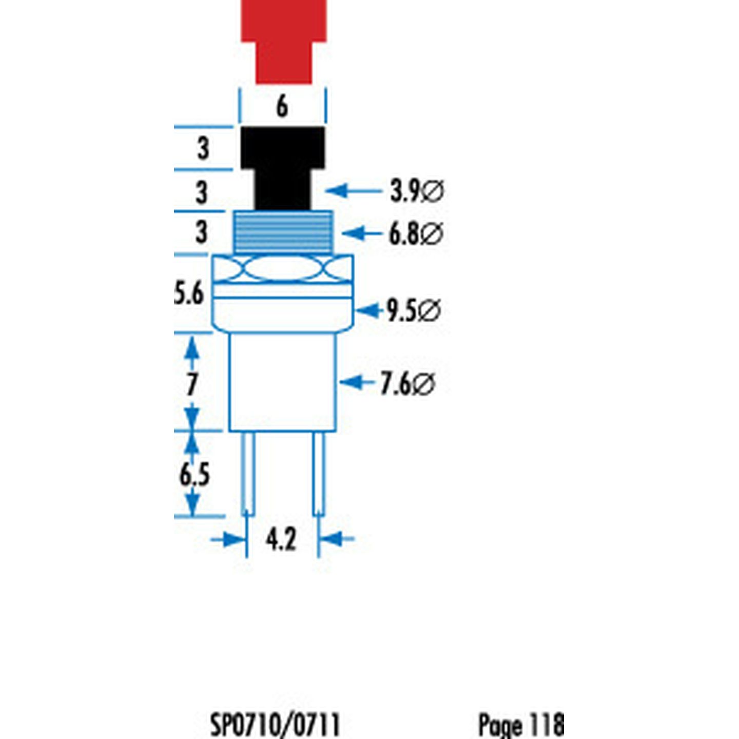 Red Miniature Pushbutton - SPST Momentary Action 125V 1A rating