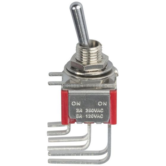 Jaycar DPDT Miniature Toggle Switch – Vertical Right-Angle PCB Mount, On-None-On