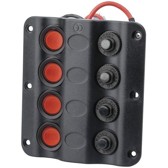 Jaycar Switch Panel with Circuit Breakers – 4-Way Illuminated Rocker, 100 x 110mm