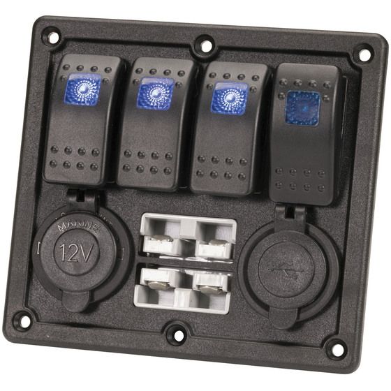 Jaycar 4-Way Illuminated Switch Panel with USB, 12V Socket & 2 Battery Connectors – Pre-Wired