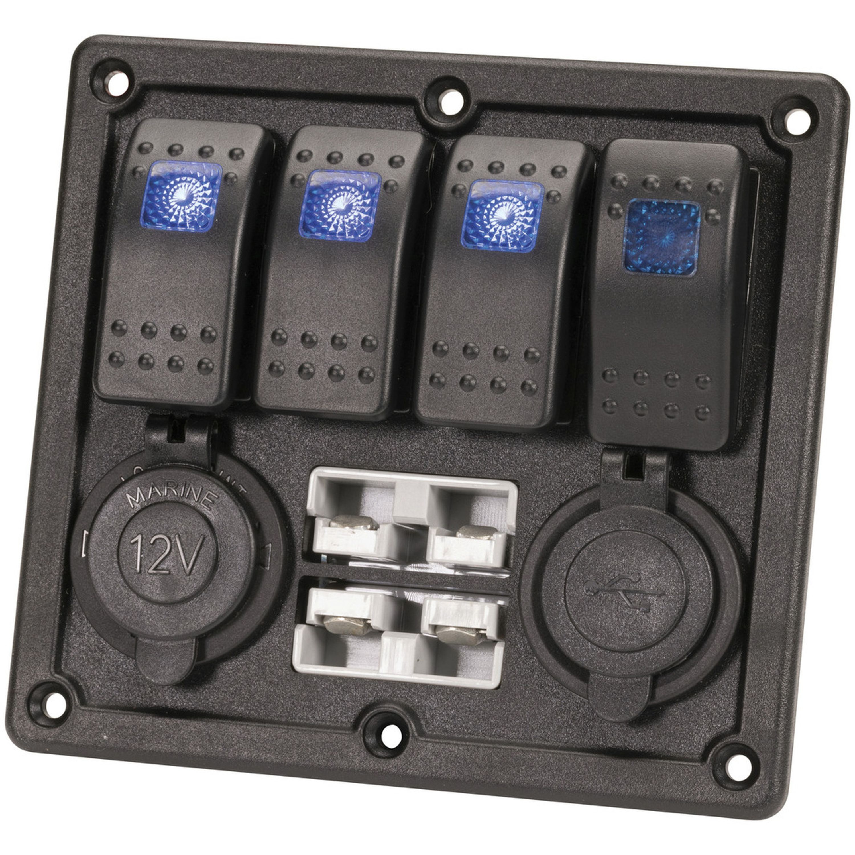 4 Way Illuminated Switch Panel With USB, 12V and 2 x Battery Plugs