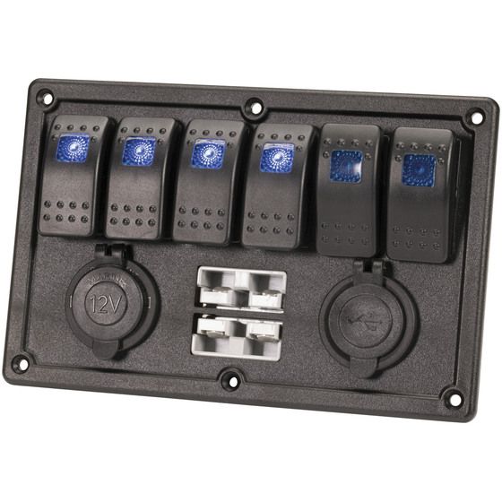 6 WAY ILLUMINATED SWITCH PANEL WITH USB, 12V AND 2 X BATTERY PLUGS