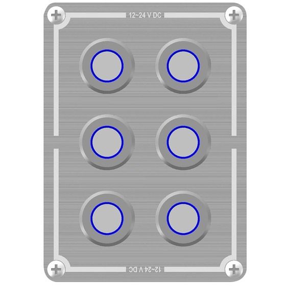 PowerTech 6-Way Stainless Steel Switch Panel – Blue LED, IP67 Waterproof, Marine Labels Included