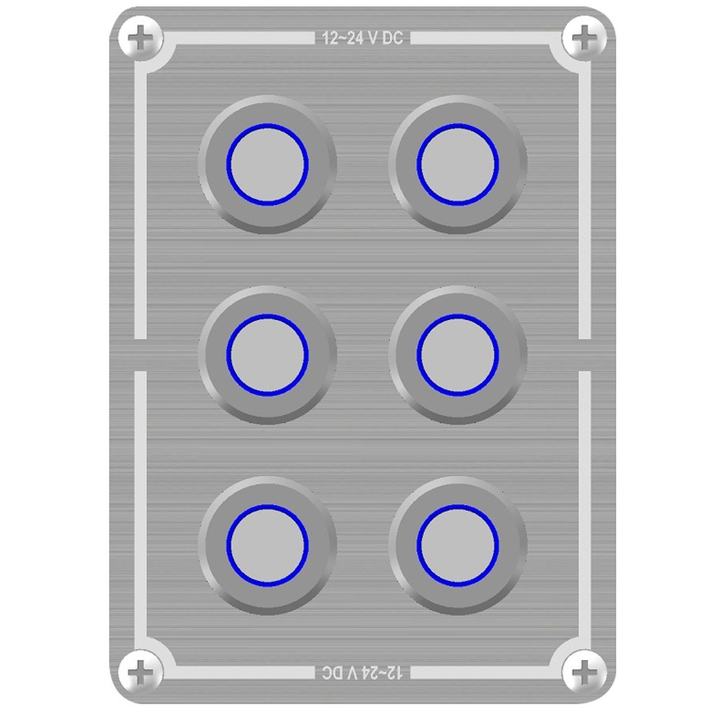 Powertech 6 Way Stainless Steel Switch Panel With Blue Illuminated Switches and Marine Label