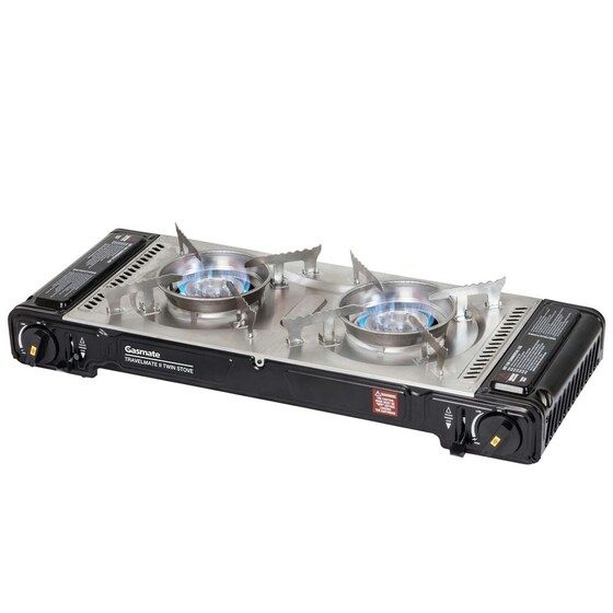 TWO BURNER BLACK BUTANE GAS STOVE WITH HOT PLATE
