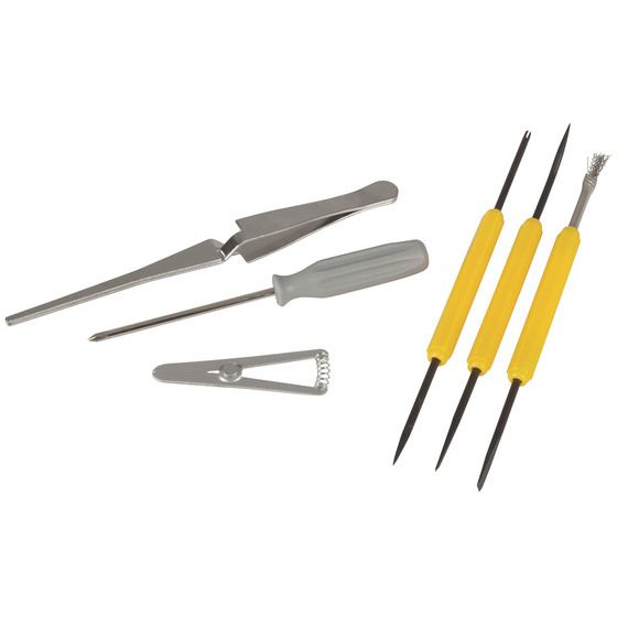 Jaycar 6 Piece Soldering Tool Kit – Tweezers, Heatsink Clip & Multi-Use Tools in Case