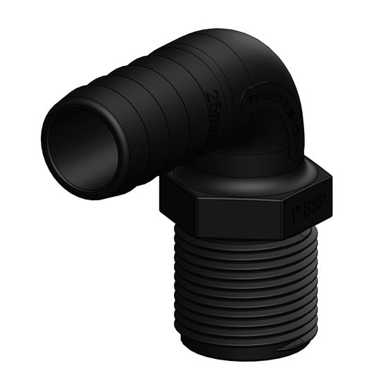 Jaycar 25mm (1") Hose Tail to BSP Male Elbow – Glass Reinforced Nylon