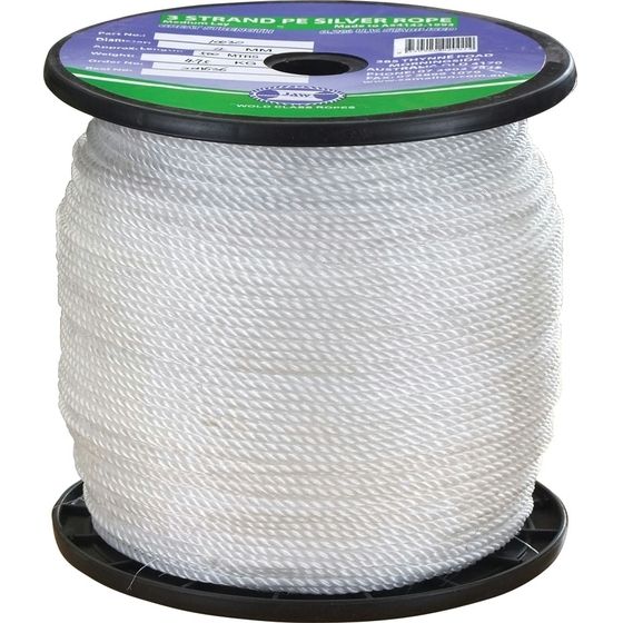 JAYCAR Polyethylene Staple Rope – 10mm 3-Strand, Silver, 100m Roll