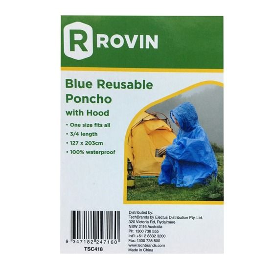 Blue Reusable Rain Poncho with Hood – One Size Fits All, 127cm x 203cm