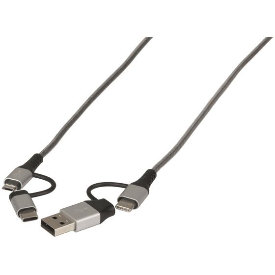 Jaycar 4-in-1 USB Type-C Cable – 1m Braided, USB-A / Micro-B / Type-C | One Cable, Four Setups