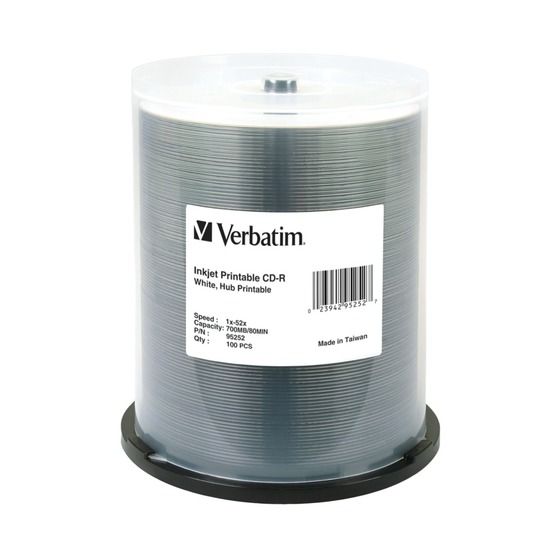 Verbatim 52x White Inkjet CD-R 700MB, 100 Pack – Full-Surface Hub-Printable