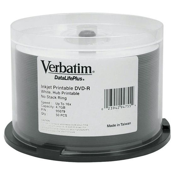 Verbatim DataLifePlus DVD-R 4.7GB 16X – White Inkjet Printable, Spindle 50 Pack