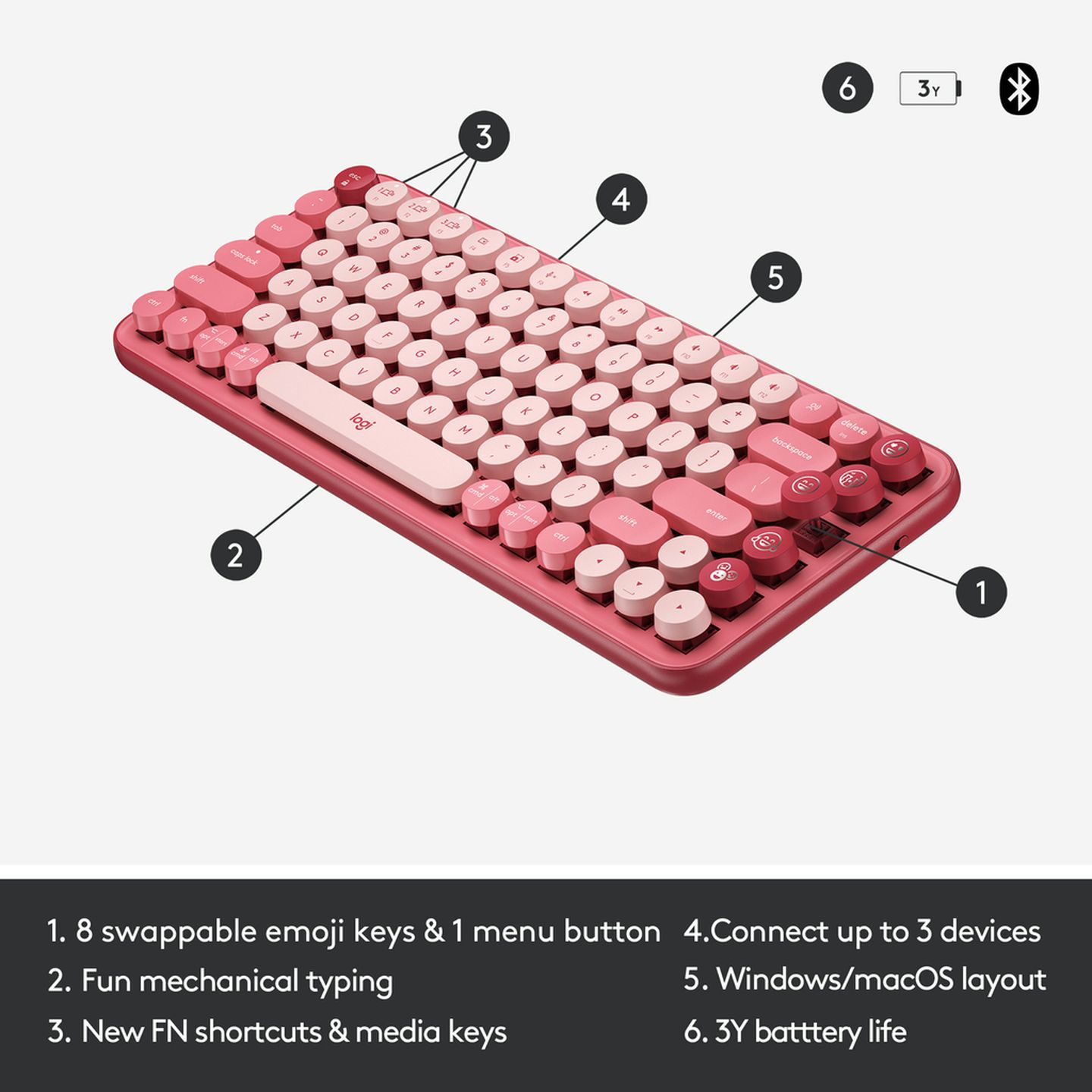 Logitech POP Keys Wireless Mechanical Keyboard With Emoji Keys and Heartbreaker