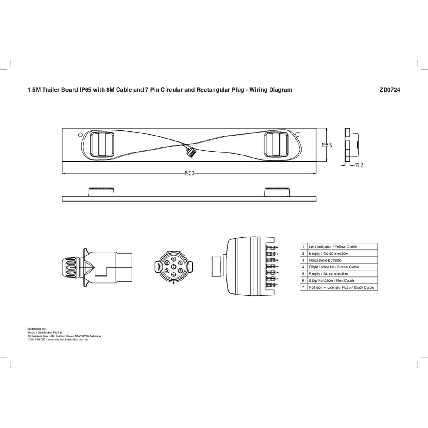 1.5M Trailer Board IP65 with 8M Cable and 7 Pin Circular and Rectangular Plug